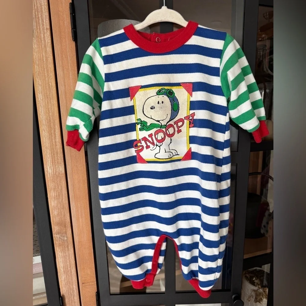 Vintage 80s Snoopy coverall Peanuts Striped Baby boy striped onesie long sleeve